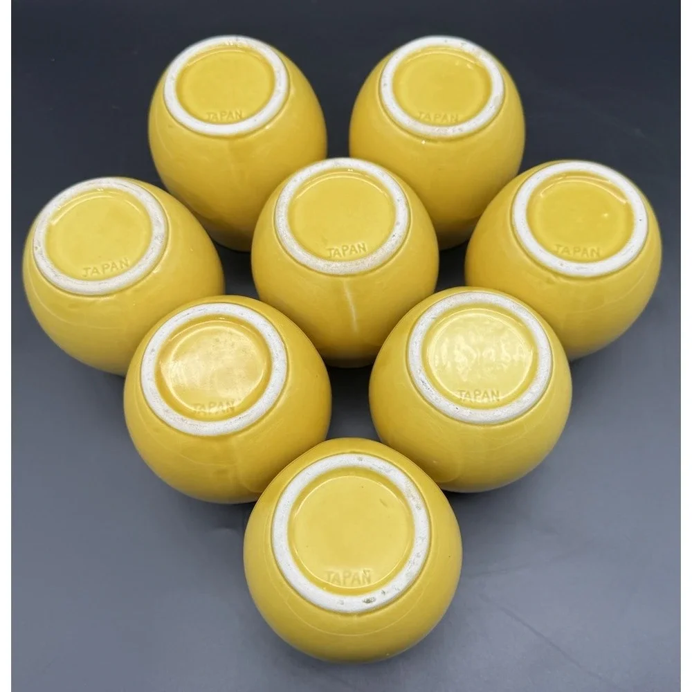 Vintage Bright Yellow Ceramic Tea Cups Set Of 8 MCM Japan Circular Handle 6-7 Oz